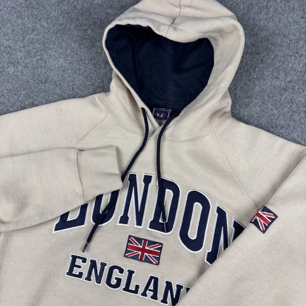 London England Hoodie Mens Medium Beige Pullover UK Flag Graphic Sweatshirt